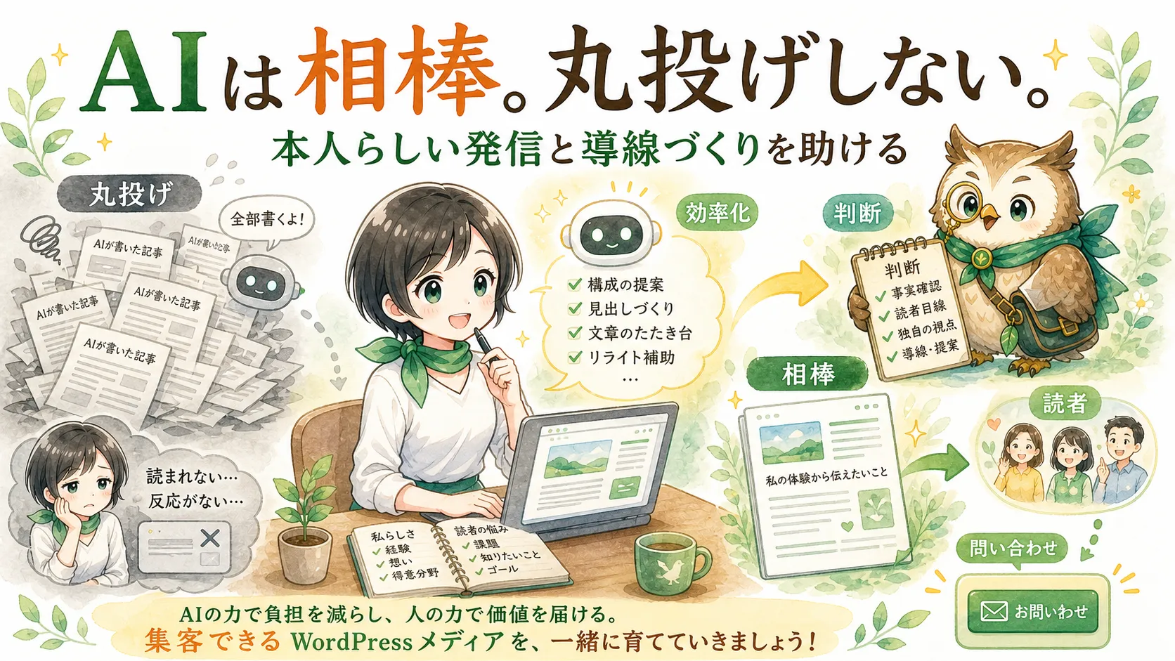 AIを丸投げではなくWordPress運営の相棒として使うイメージ