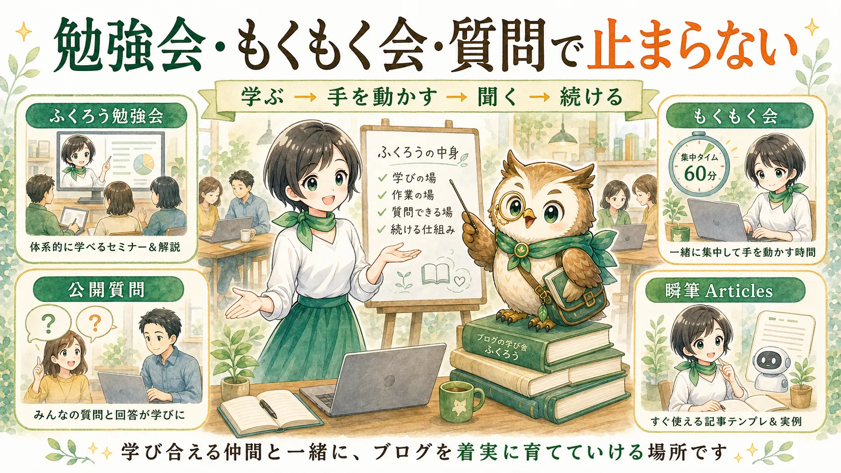 ふくろうの勉強会、もくもく会、公開質問、瞬筆 Articlesのイメージ