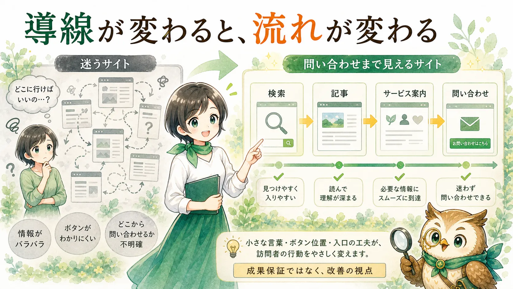 サイトの導線改善によって問い合わせまでの流れを整えるイメージ