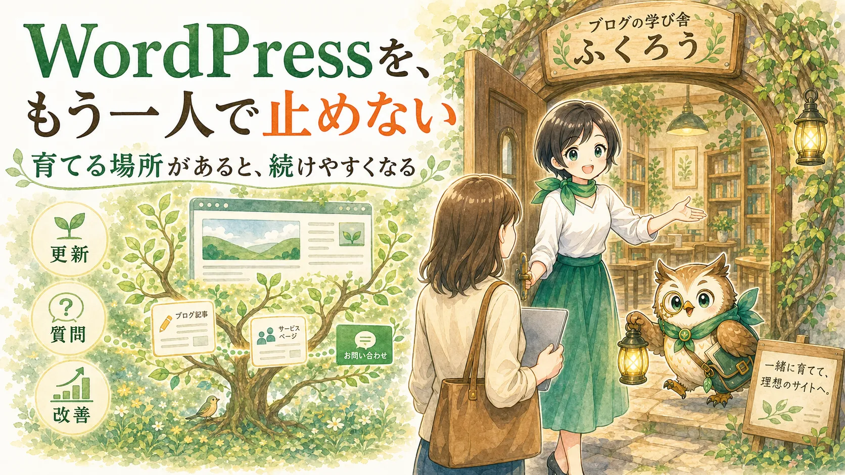 WordPressをもう一人で止めず、ふくろうで更新と質問と改善を続けるイメージ