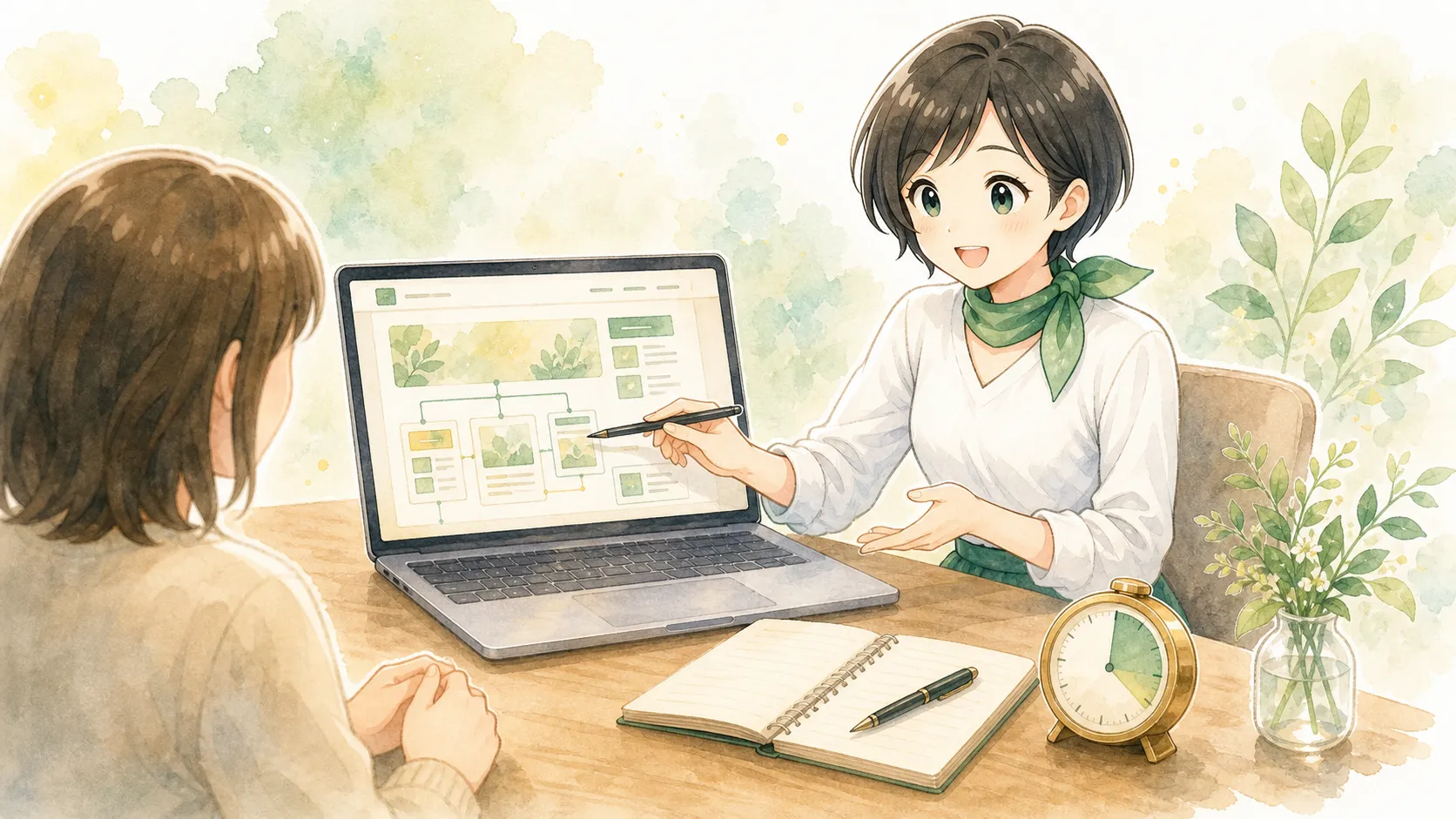ことりさんがWordPress画面を見ながら45分相談で進め方を説明しているイラスト